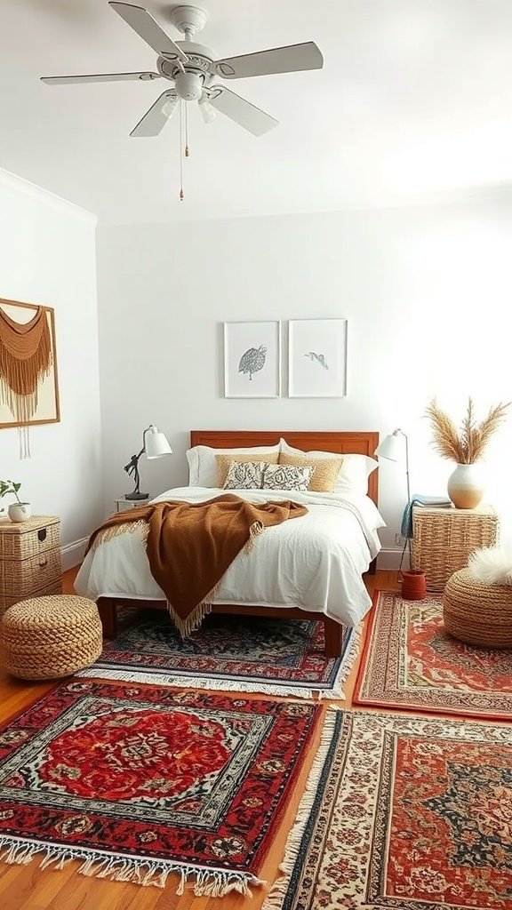 A bright boho bedroom featuring layered rugs, a bed with a cozy throw, and natural decor elements.