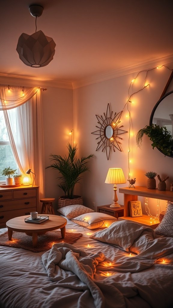 A cozy boho bedroom with warm ambient lighting from fairy lights and a lamp.