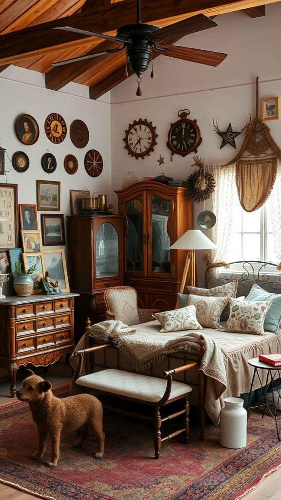 Cozy bohemian bedroom with vintage furniture, antique decor, and a dog.